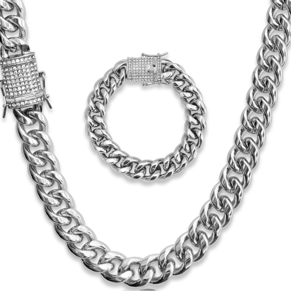 FASHION JEWELRY MIAMI CUBAN NECKLACE & BRACELET SET  STAINLESS STEEL UNISEX 18”